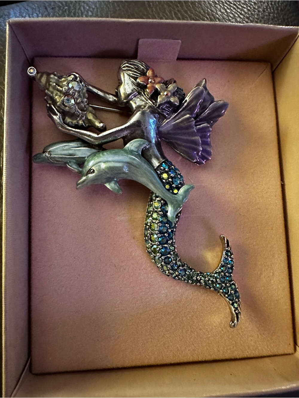 Kirks Folly Purple and Teal Mermaid & Dolphin Crystal Pin